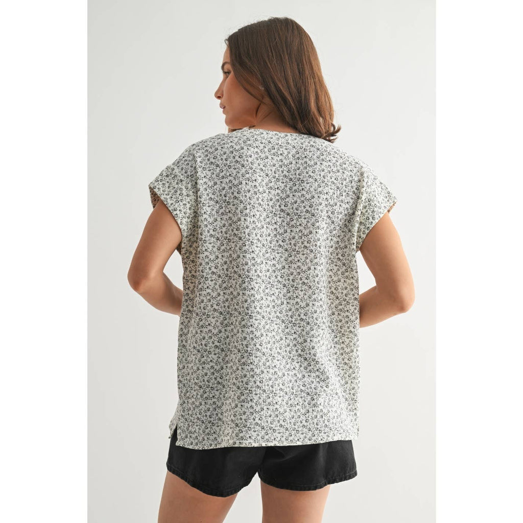 Floral Print Gauze Top-Charcoal White