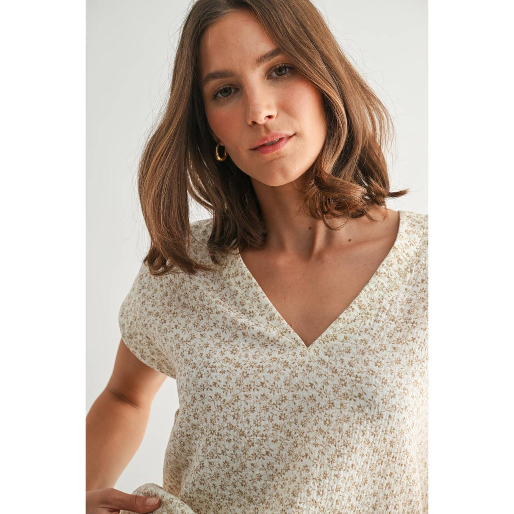 Floral Print Gauze Top-Taupe White