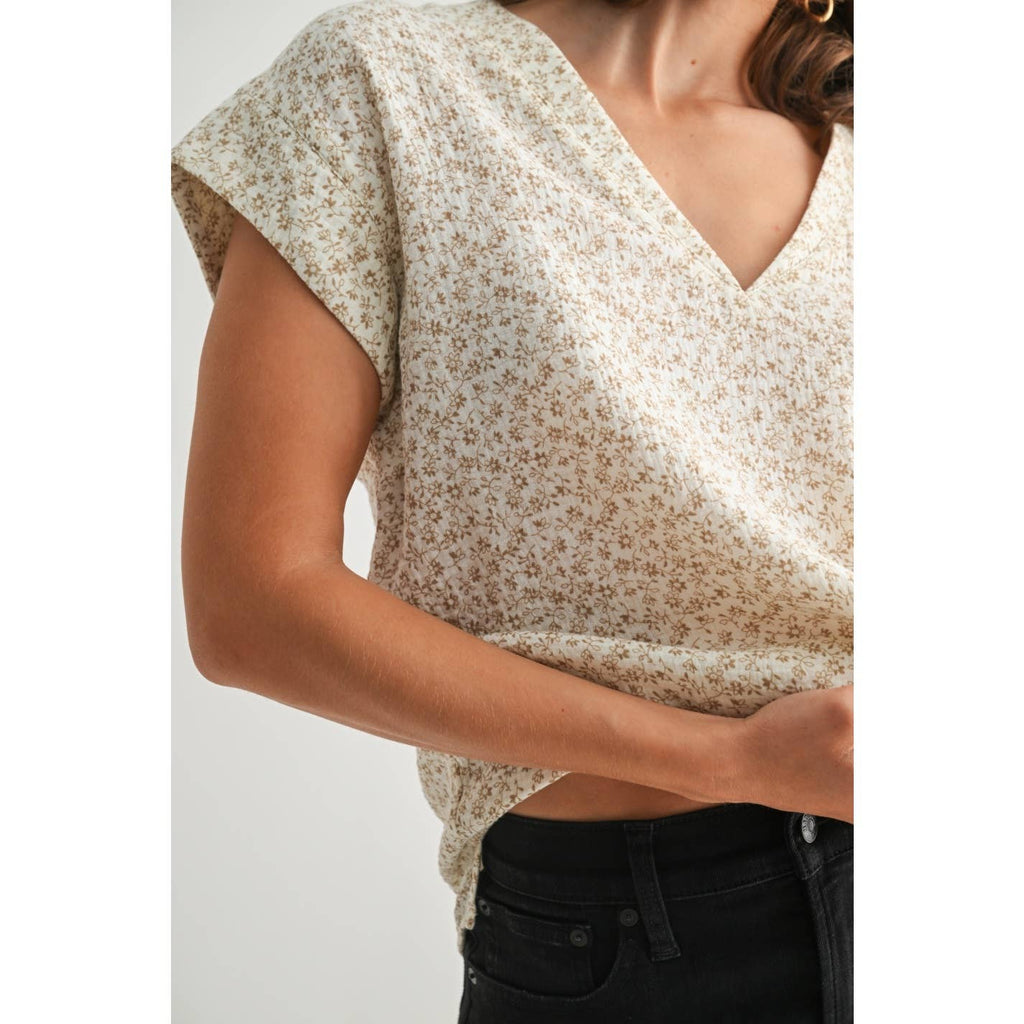 Floral Print Gauze Top-Taupe White