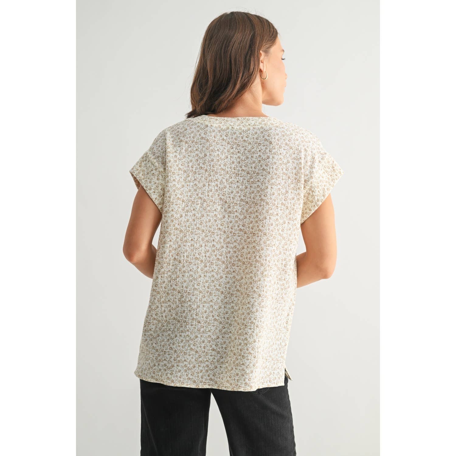 Floral Print Gauze Top-Taupe White