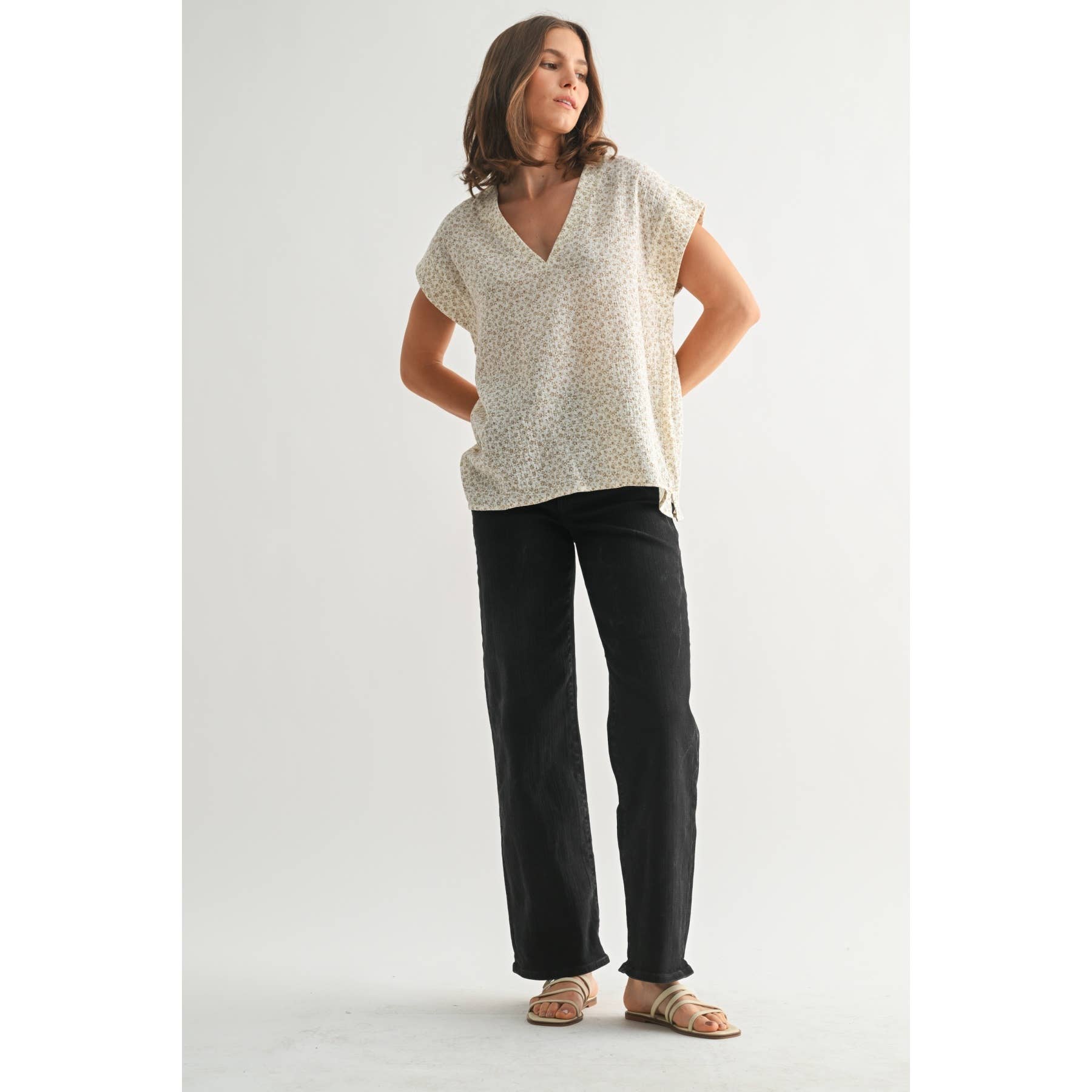 Floral Print Gauze Top-Taupe White