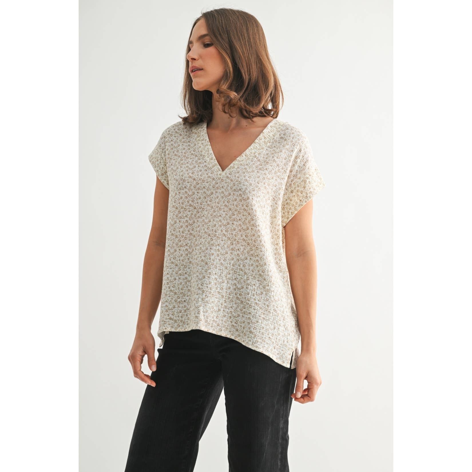 Floral Print Gauze Top-Taupe White