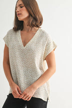 Floral Print Gauze Top-Taupe White