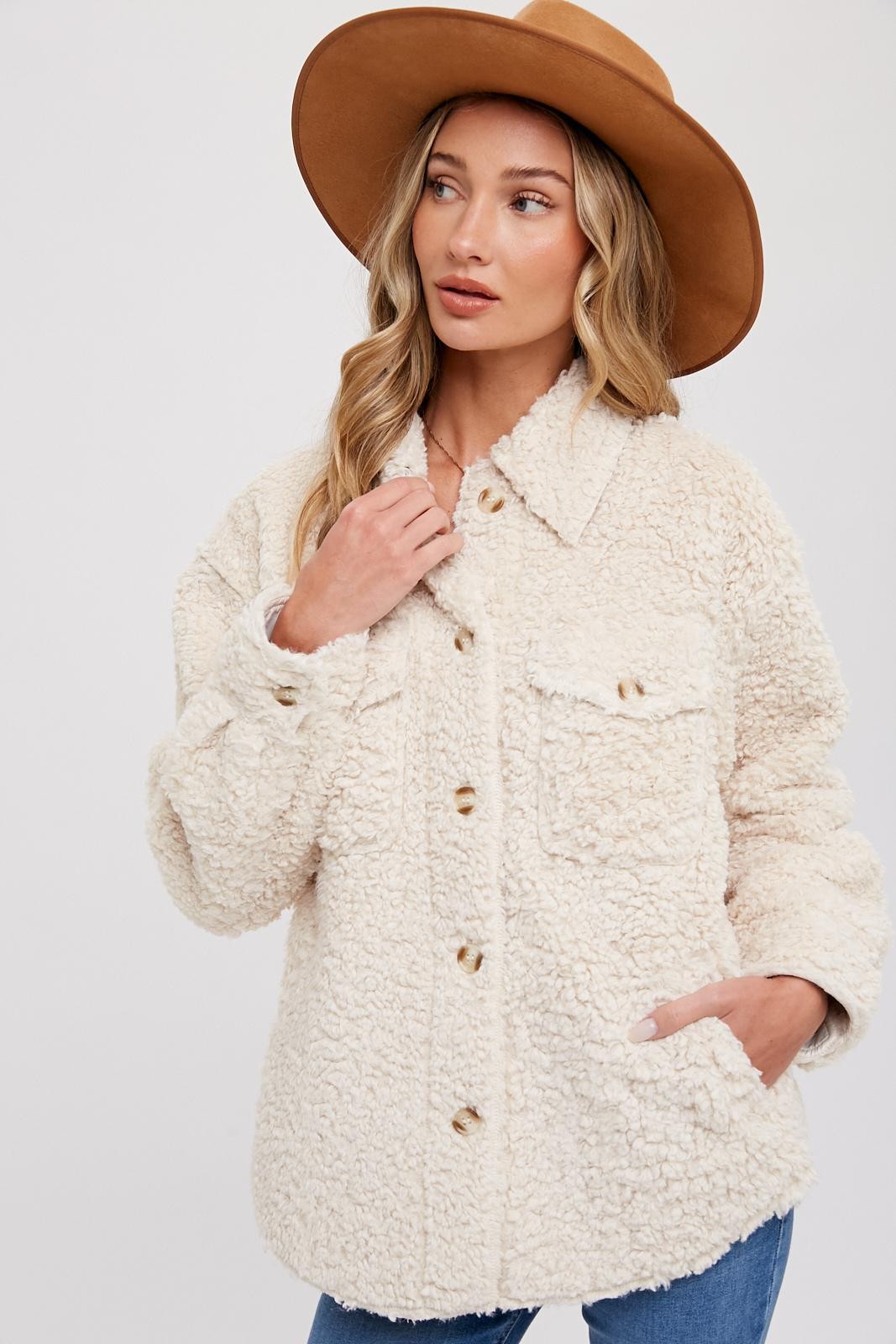 Boucle Woven Button Jacket-Ecru