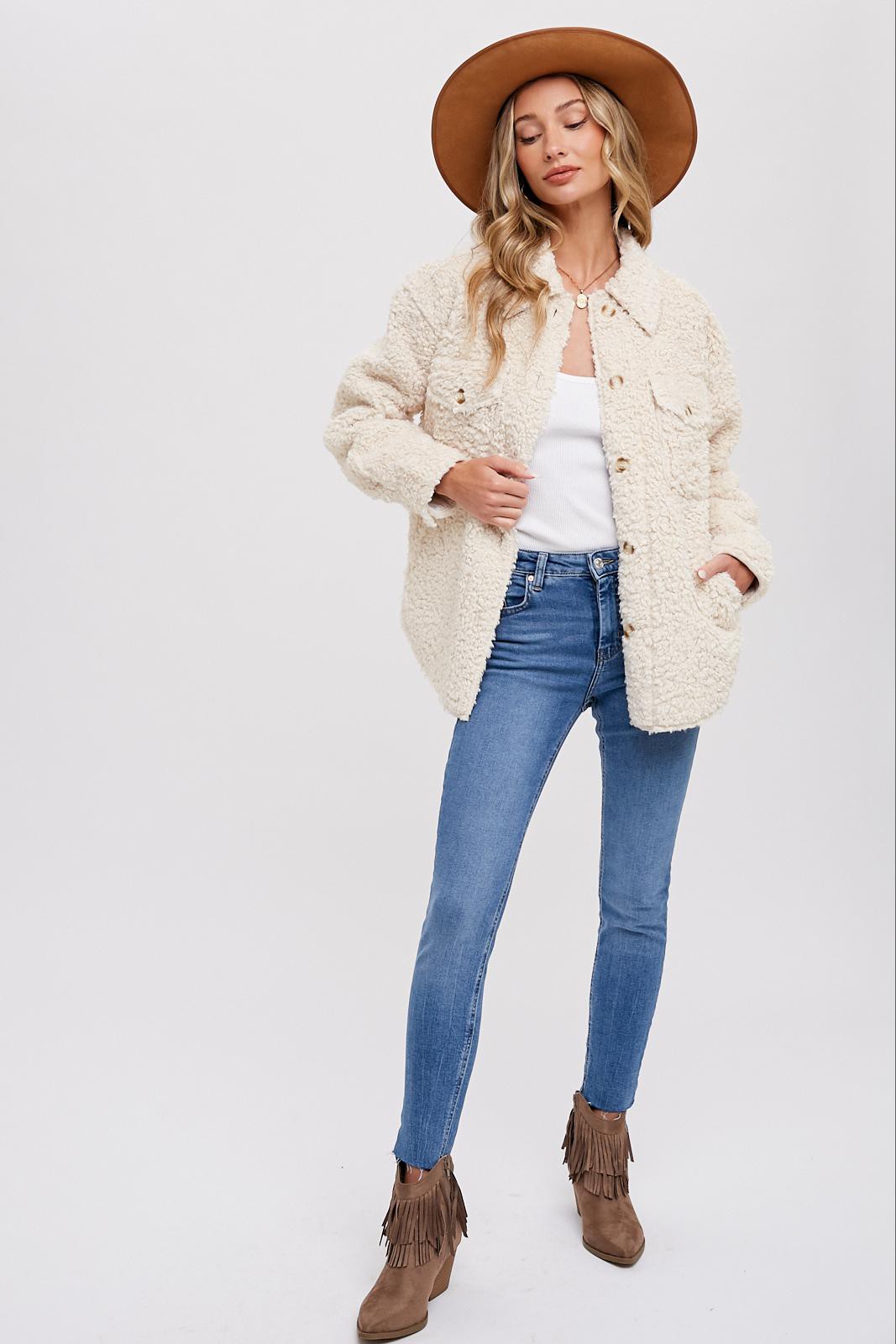 Boucle Woven Button Jacket-Ecru