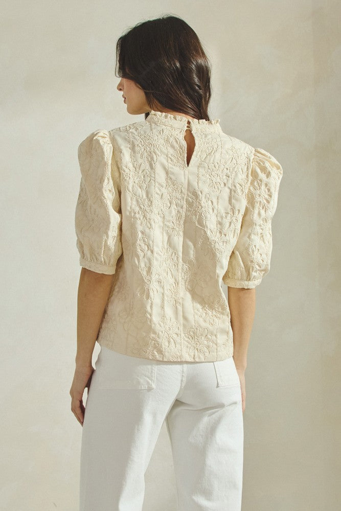 Bac view of a woman wearing an ecru floral applique  blouse with puff sleeves against a plain background