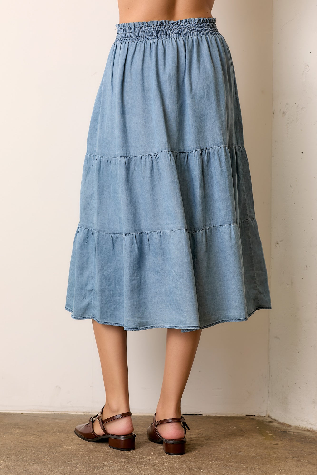 Tiered Midi Skirt-Denim Blue