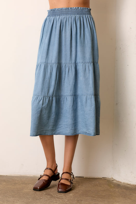 Tiered Midi Skirt-Denim Blue