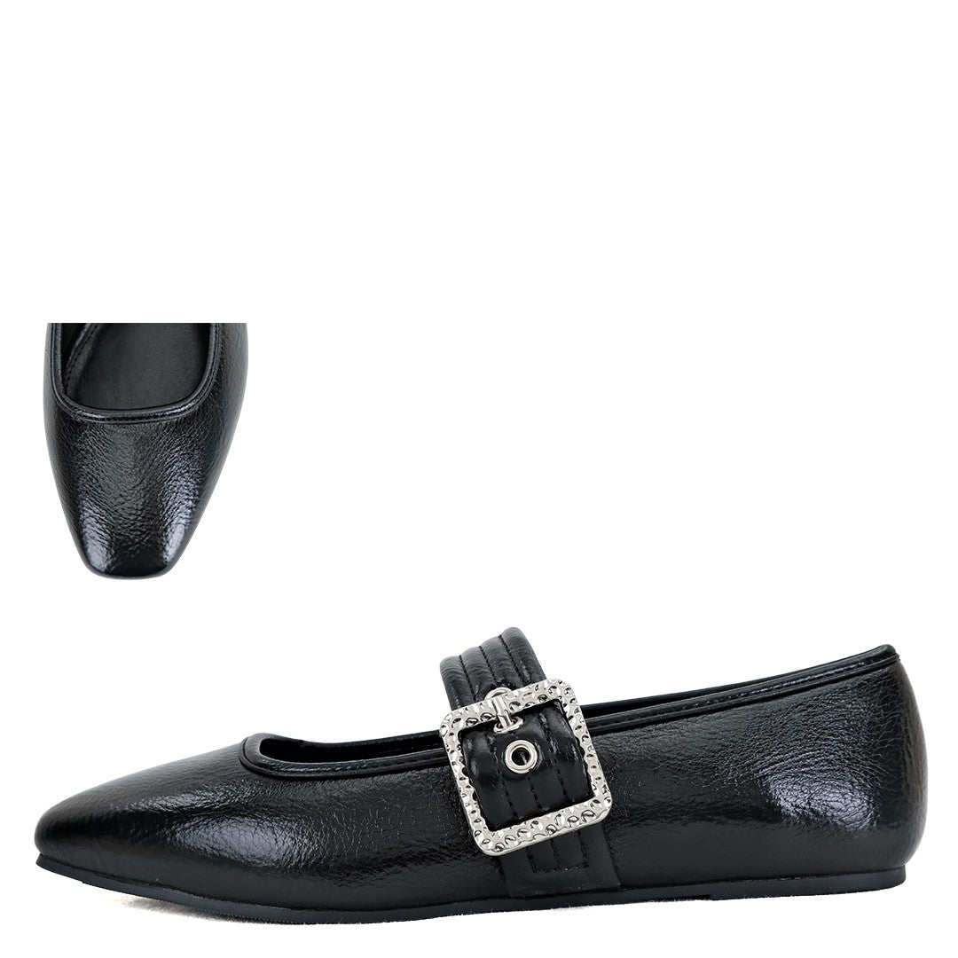 Buckle Strap Mary Jane Flats-Black