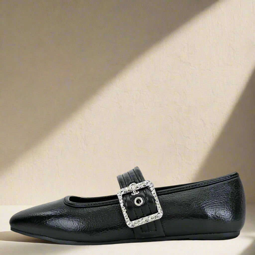 Buckle Strap Mary Jane Flats-Black