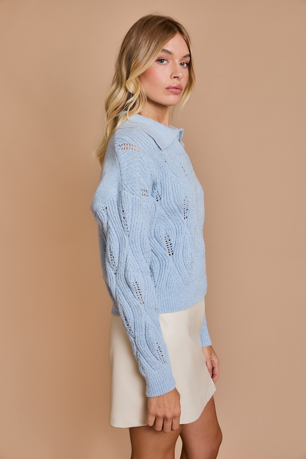 Collared Swirled Design Sweater-Light Blue