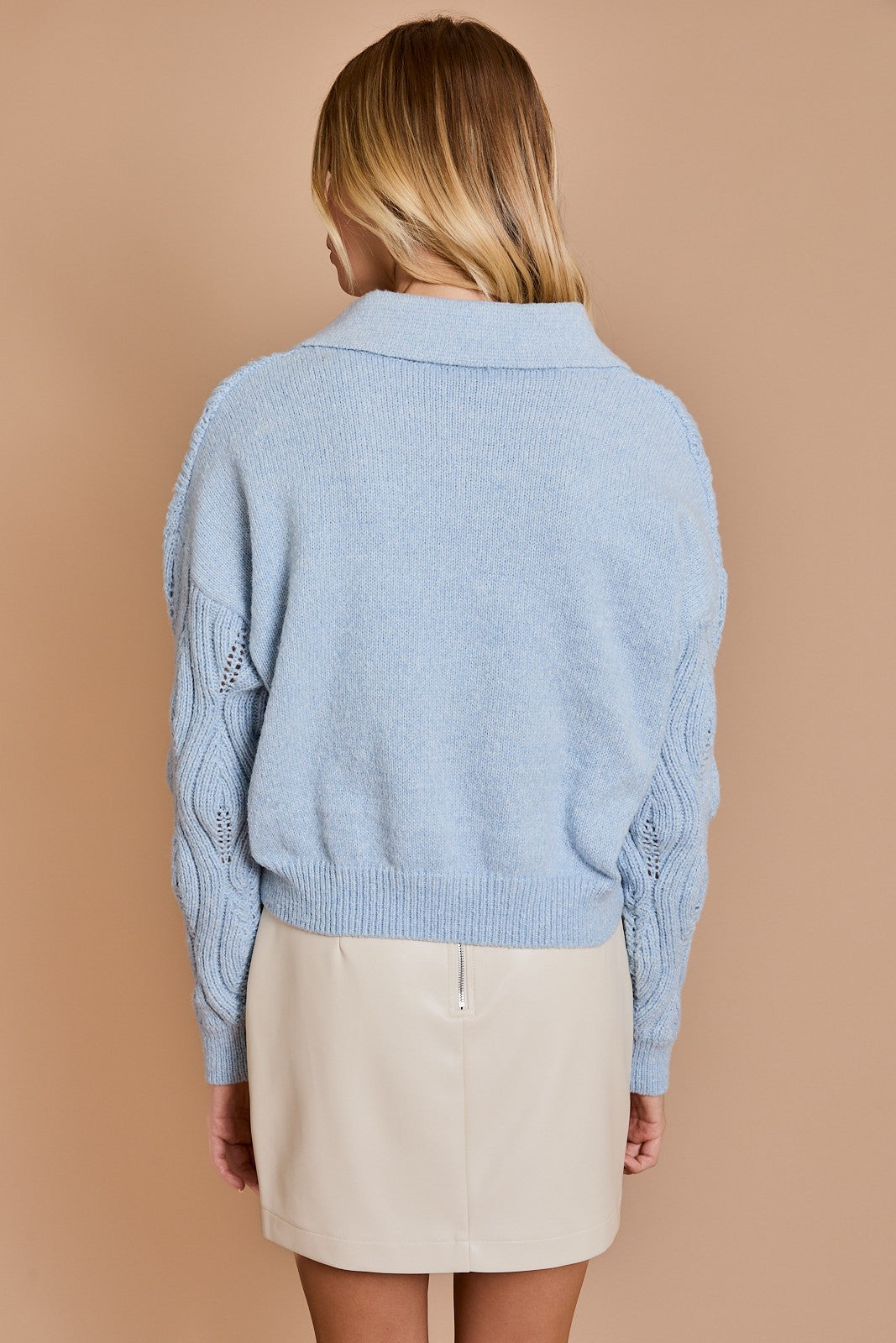 Collared Swirled Design Sweater-Light Blue