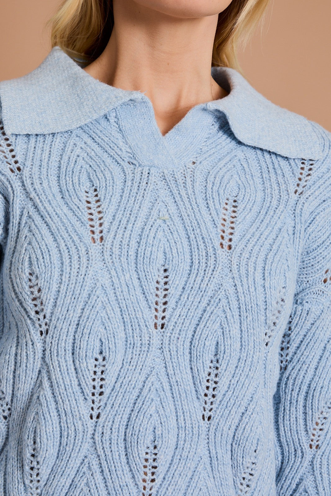 Collared Swirled Design Sweater-Light Blue