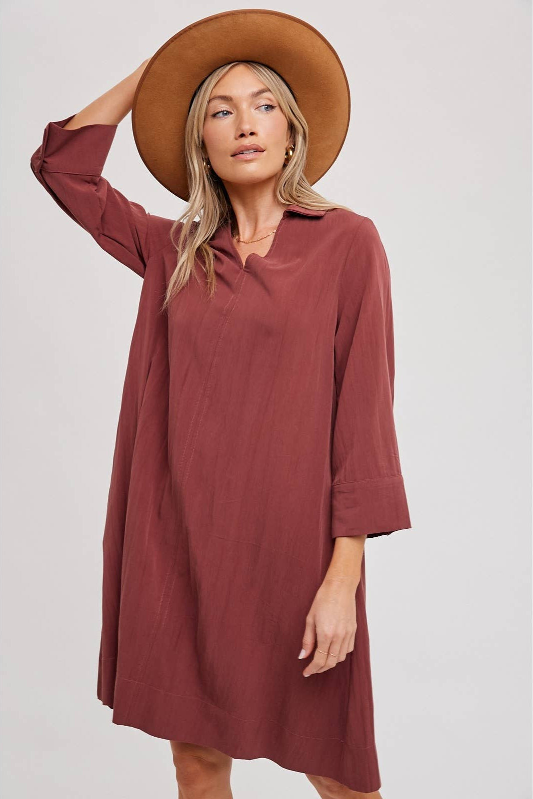 V-Neck Collar Shirt Dress-Wine Flowy Women's Dresses Erma Jean