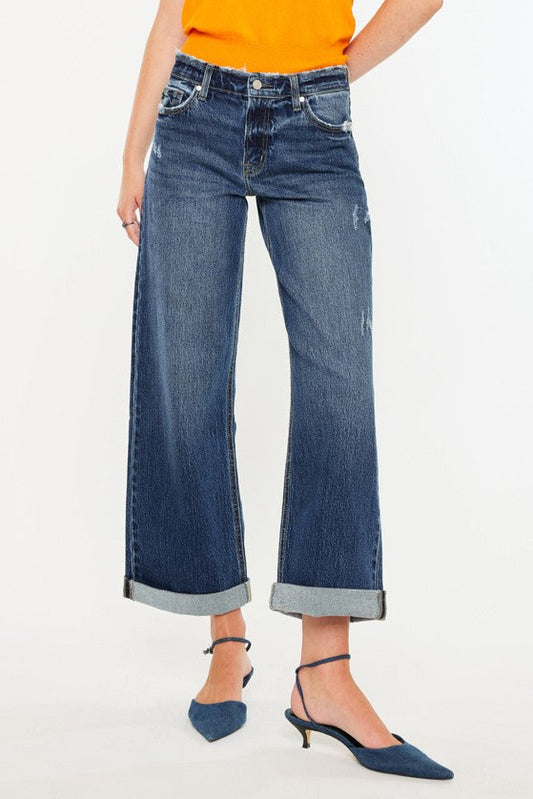 High Rise Wide Leg Double Cuffed Denim-Dark