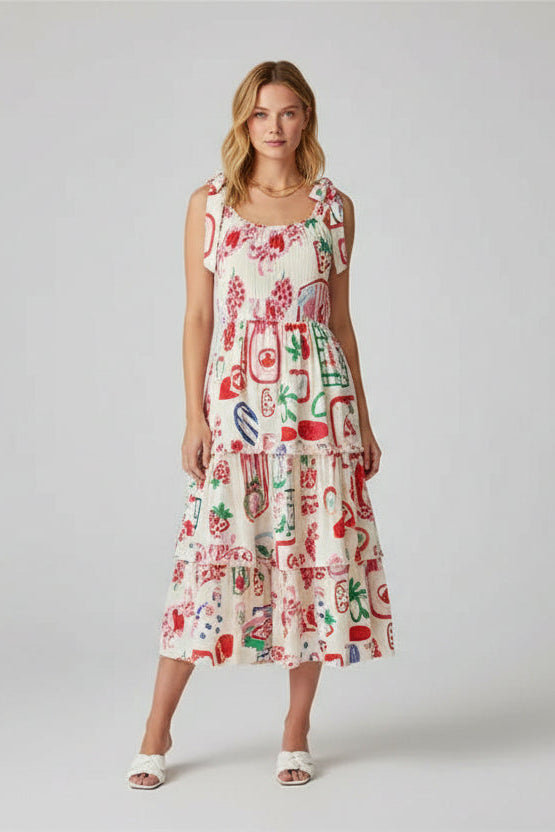 Woman wearing a shoulder tie colorfut print dress with abstract patterns in a softly lit room
