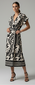 A woman modeling a black and sand patterned midi button front dress with cuffed dolman sleeves, a V-neckline, and a matching tie belt, paired with black strappy high-heeled sandals against a neutral gray studio background.