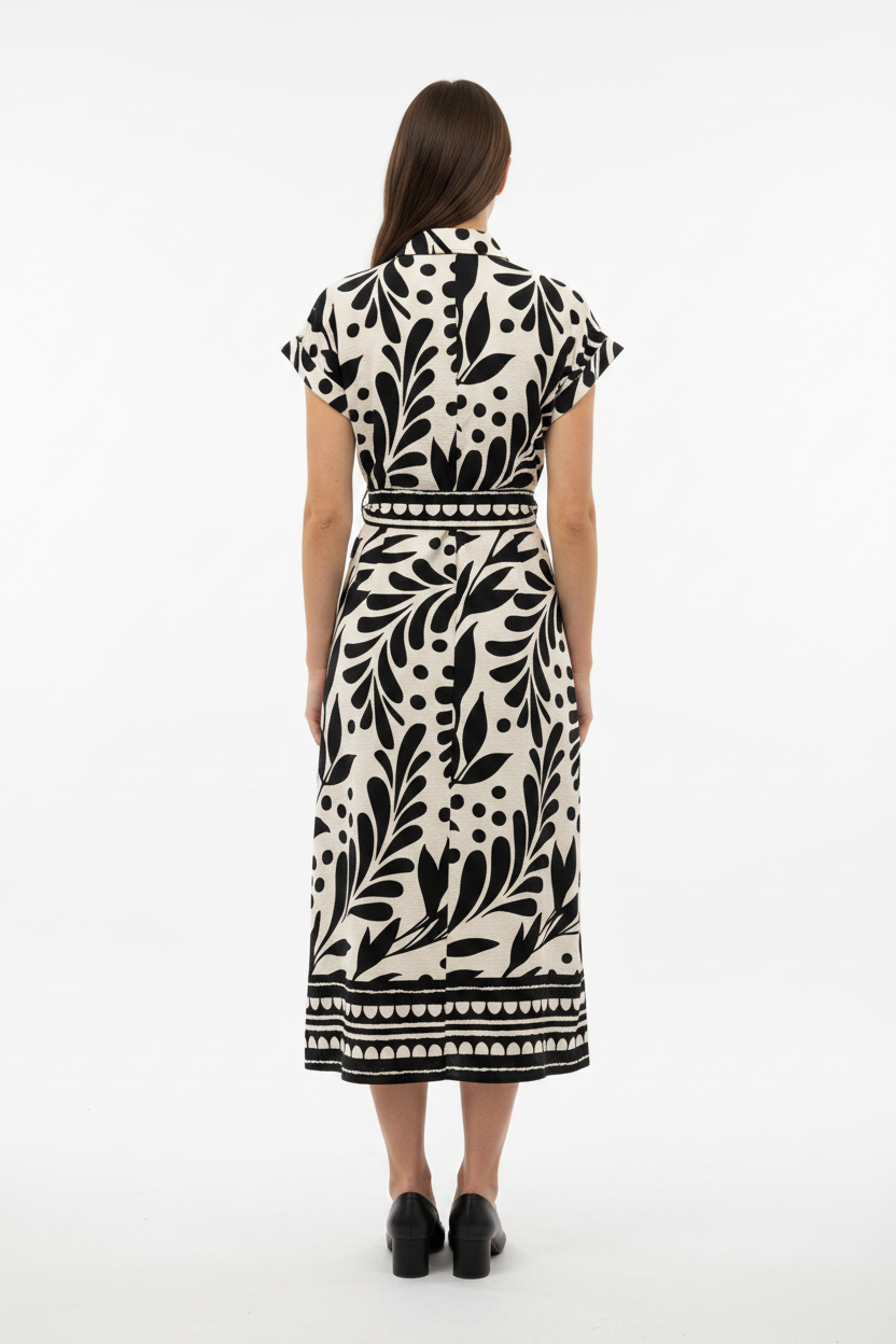 Border Print Button Front Midi Dress-Sand Black Texture | Women's Dresses