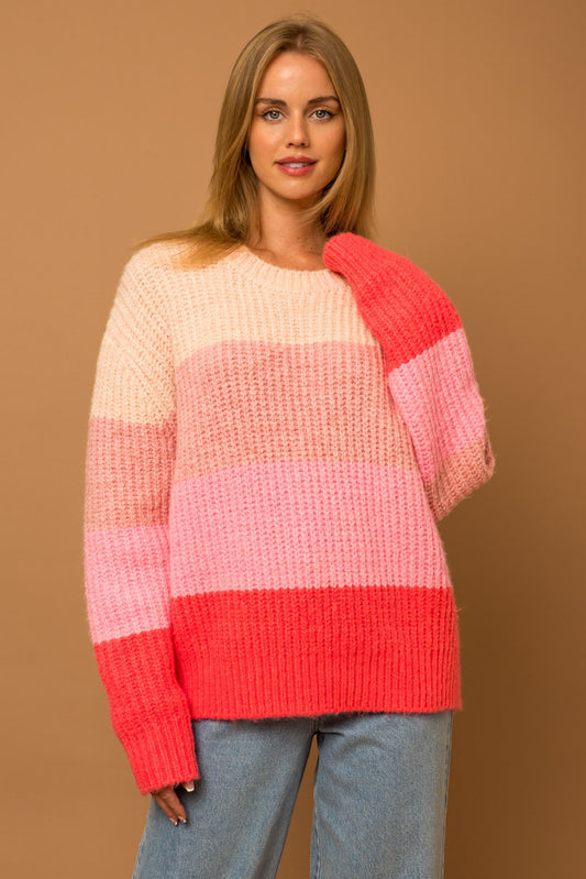 Stripe Color Block Sweater-Cream Pink