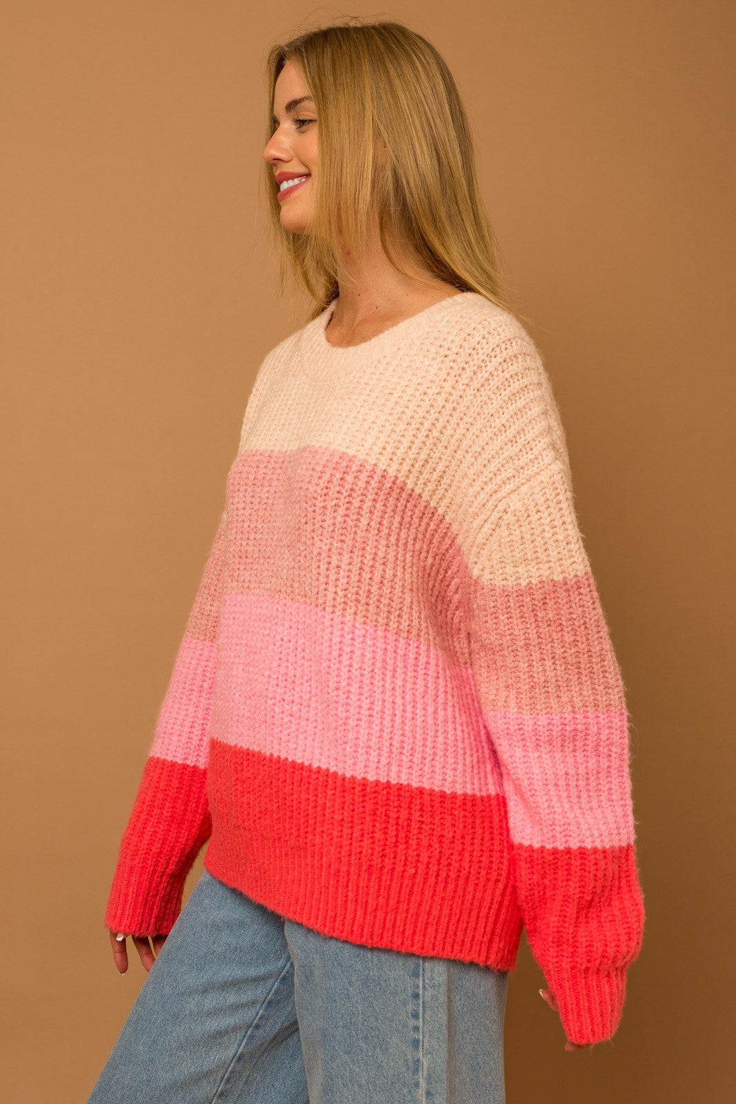 Stripe Color Block Sweater-Cream Pink