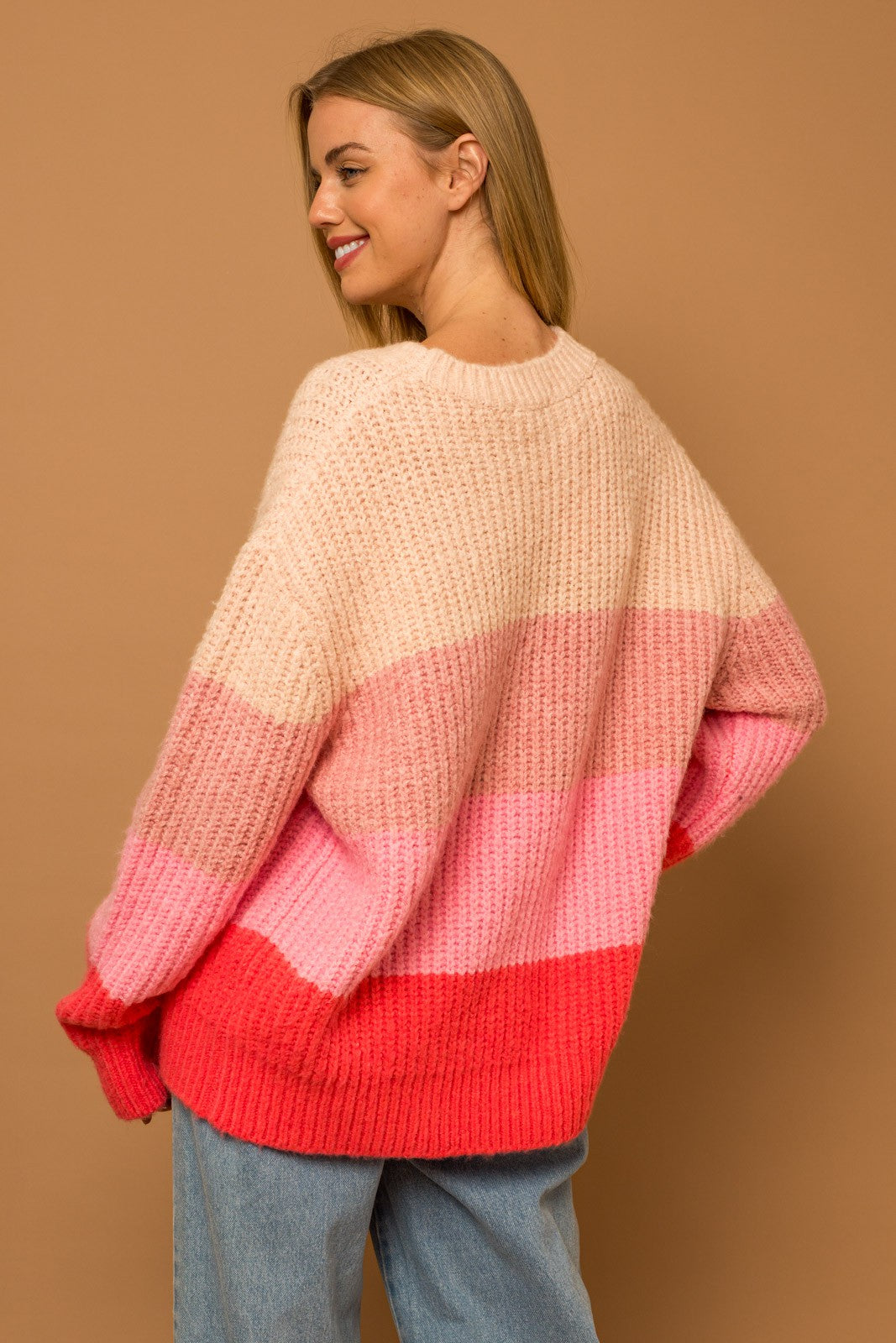 Stripe Color Block Sweater-Cream Pink