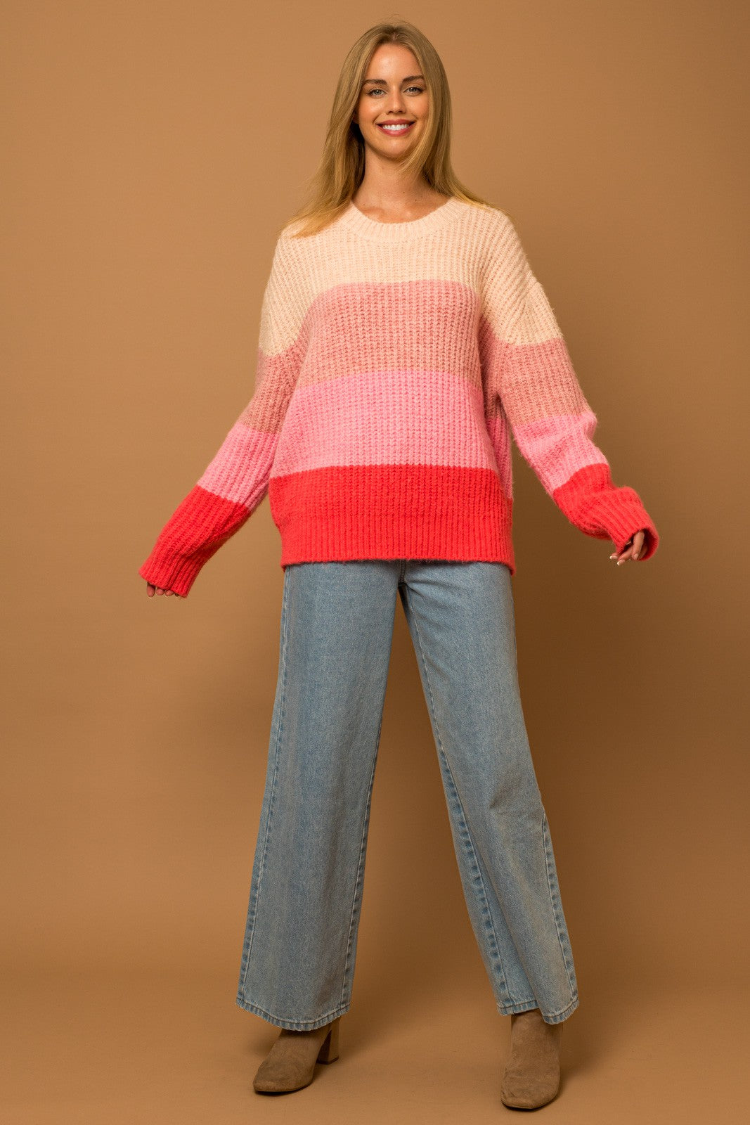 Stripe Color Block Sweater-Cream Pink