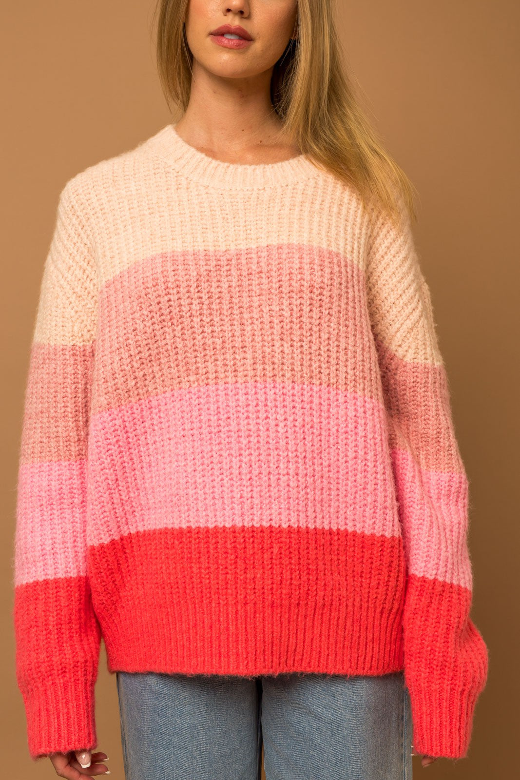 Stripe Color Block Sweater-Cream Pink