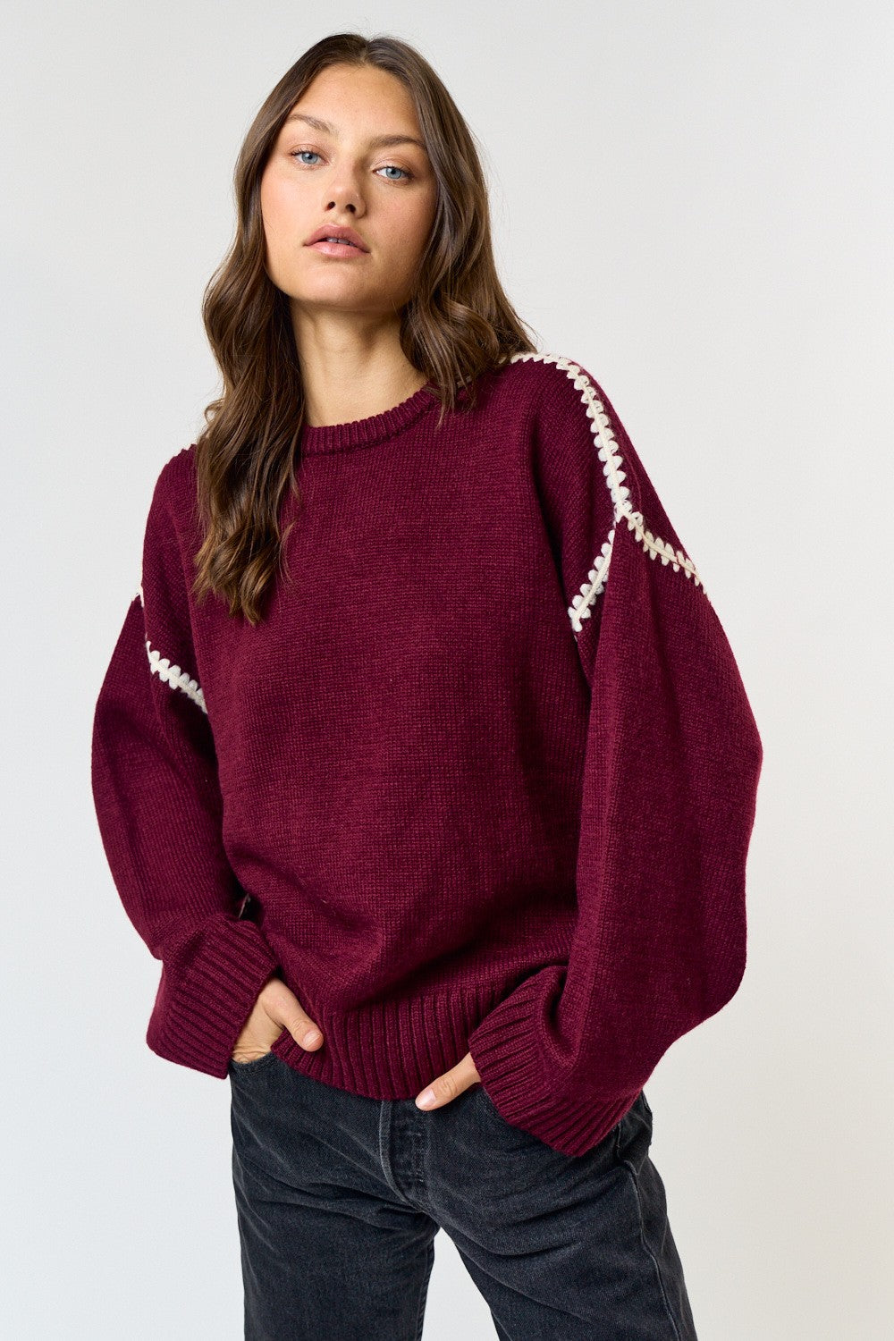 Contrast Stitch Detail Sweater-Wine Cream