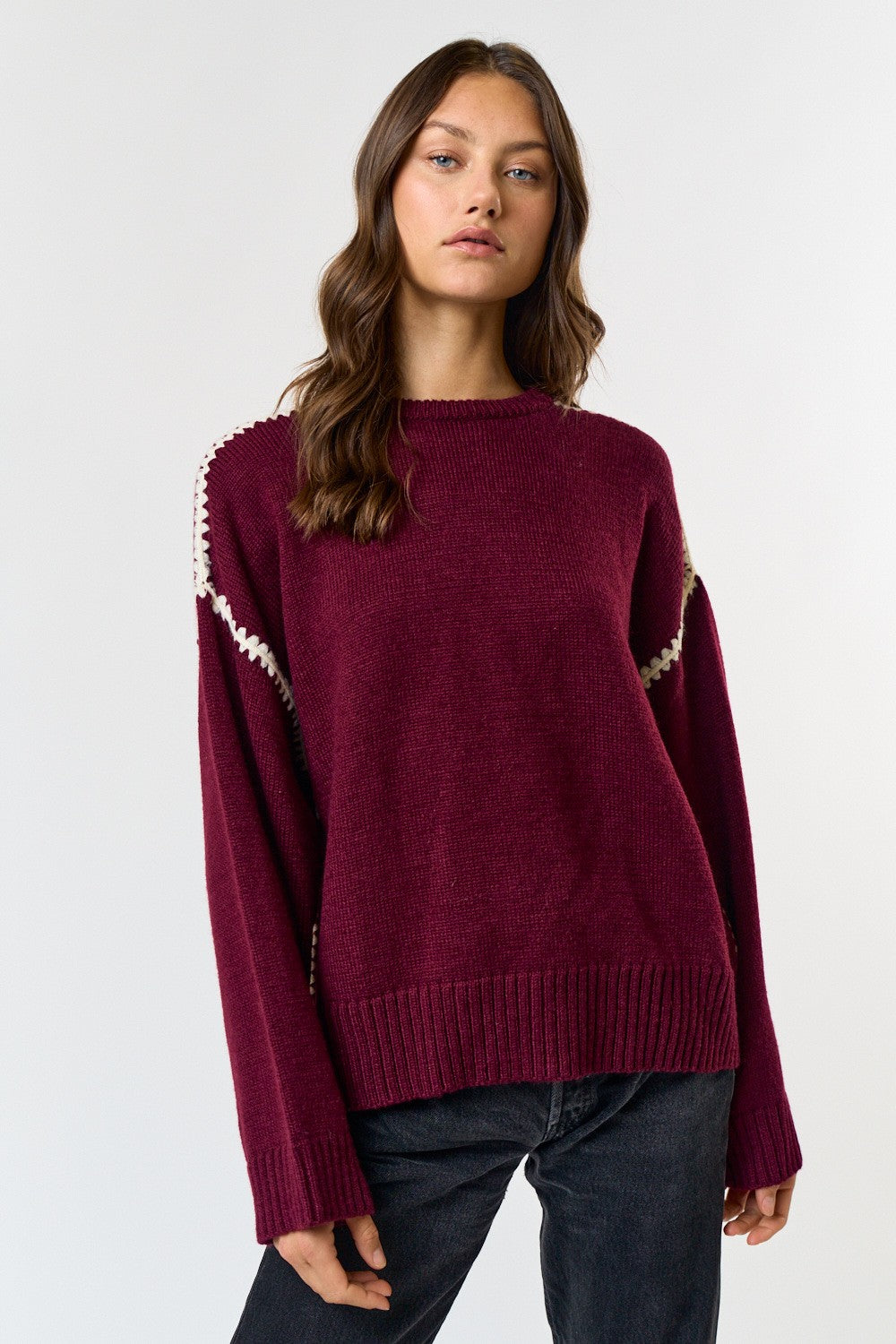 Contrast Stitch Detail Sweater-Wine Cream