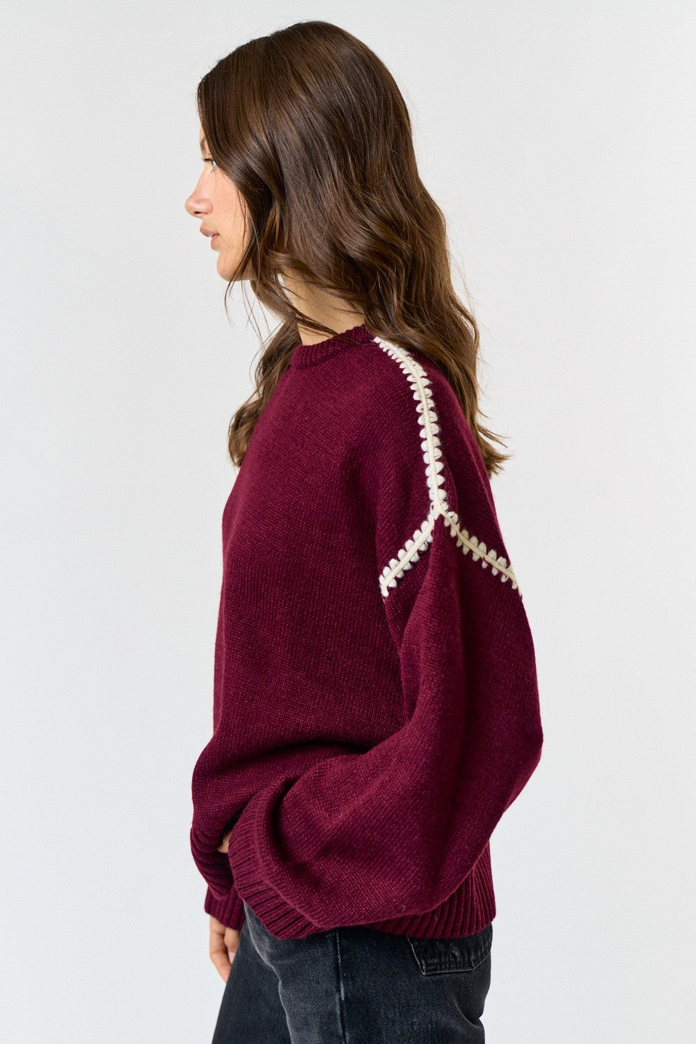 Contrast Stitch Detail Sweater-Wine Cream