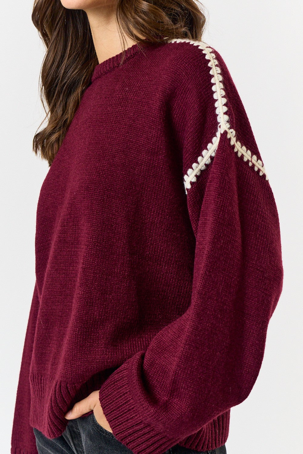 Contrast Stitch Detail Sweater-Wine Cream