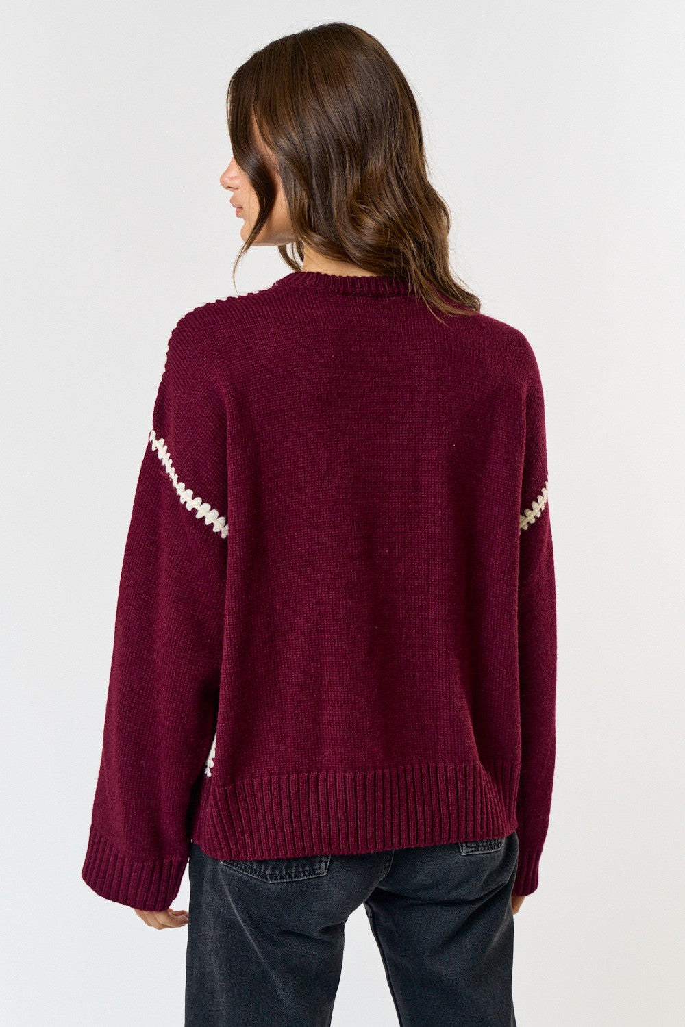 Contrast Stitch Detail Sweater-Wine Cream