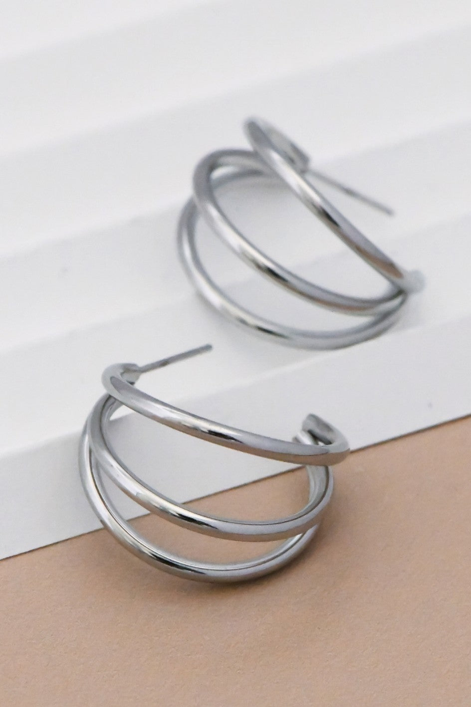 Triple Hoop Earrings-Silver