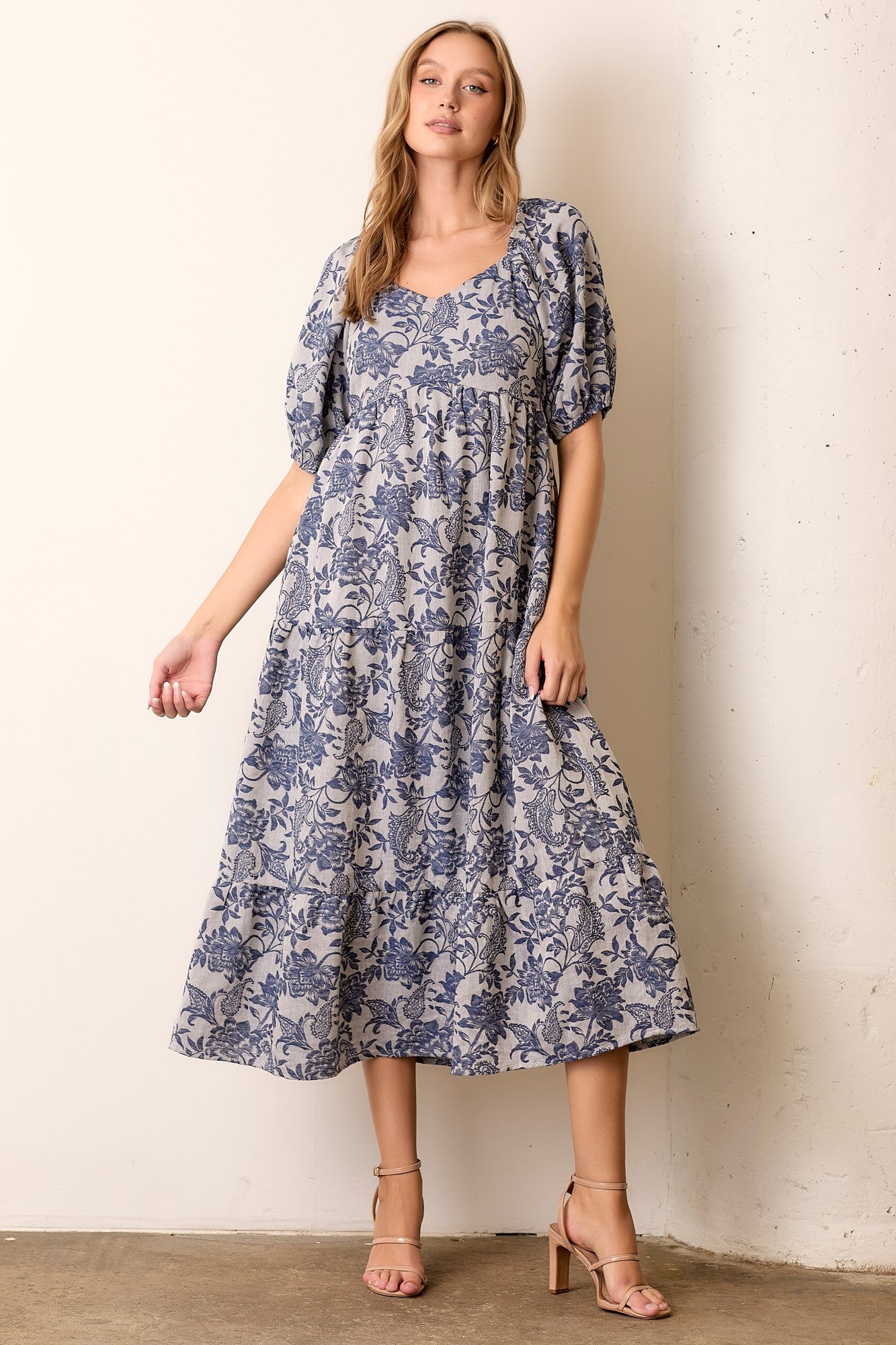 Textured Floral Tiered Midi Dress-Navy Gray