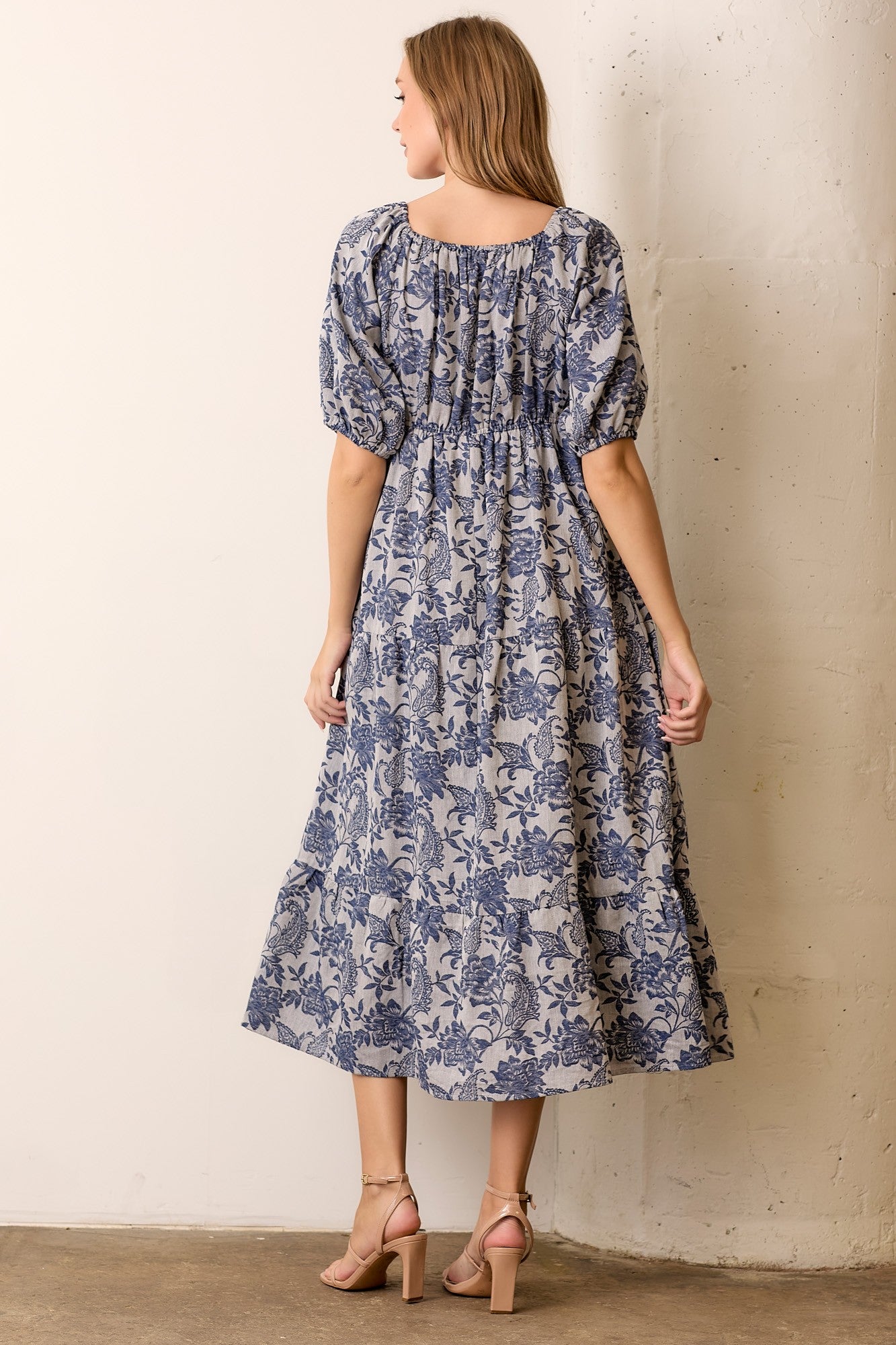 Textured Floral Tiered Midi Dress-Navy Gray