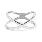 Silver ring with a unique criss cross design on a white background