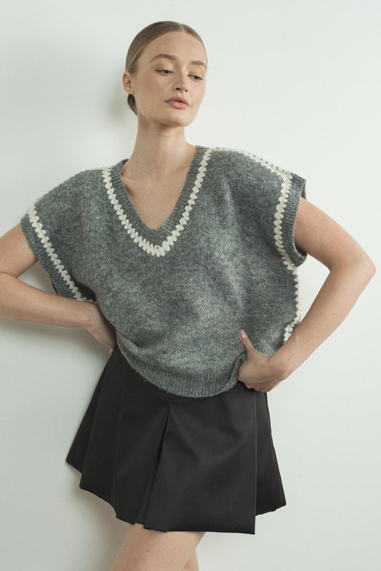 Embroidered V Neck Sweater Vest-Grey