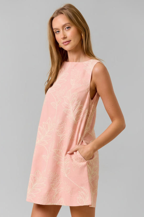 Embroidery Sleeveless Dress-Pink Ivory