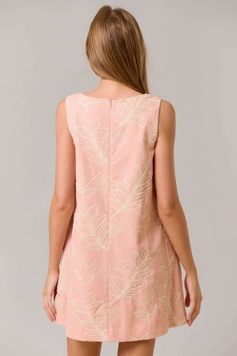Embroidery Sleeveless Dress-Pink Ivory