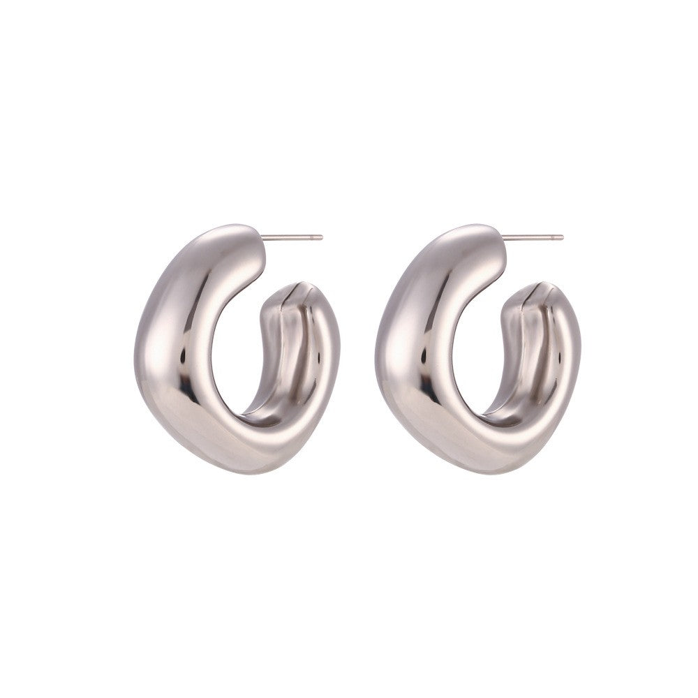 Pair of 18k silver-plated stainless steel bubble hoop earrings on a white background