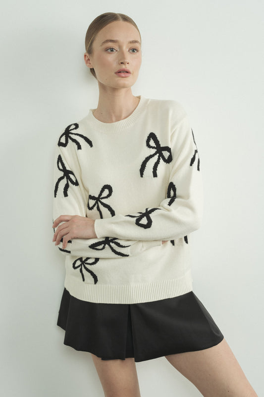 Bow Print Long Sleeve Sweater-Off White