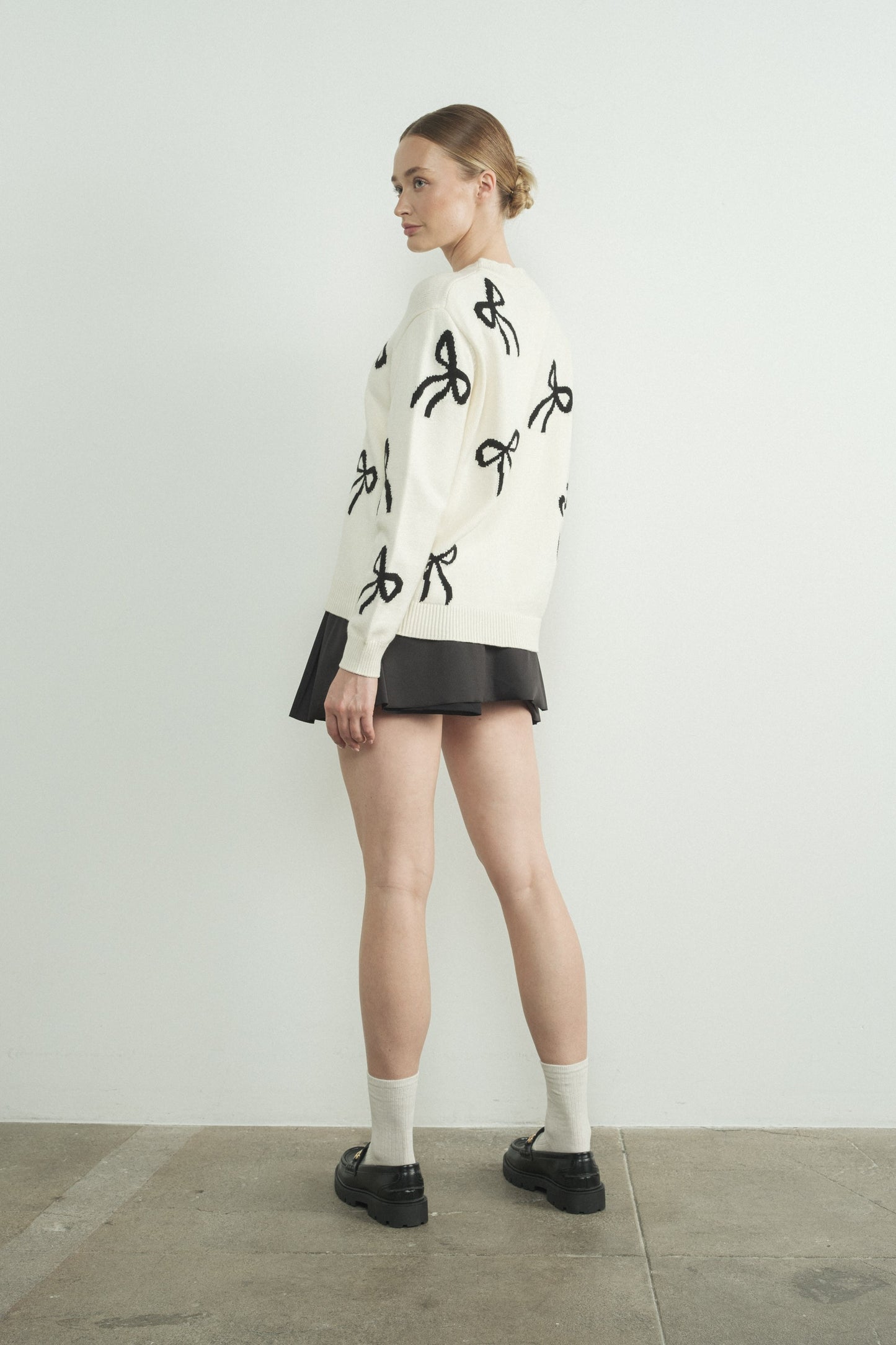 Bow Print Long Sleeve Sweater-Off White