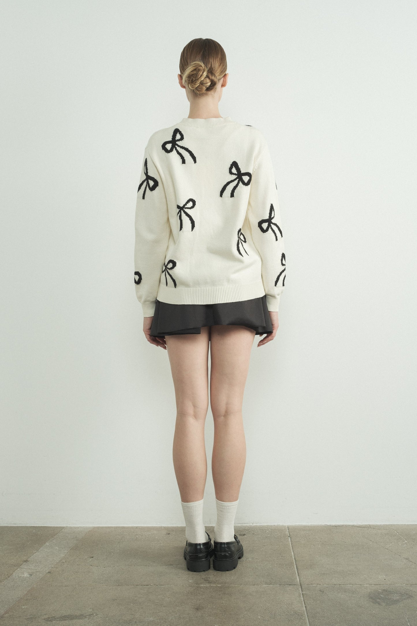 Bow Print Long Sleeve Sweater-Off White