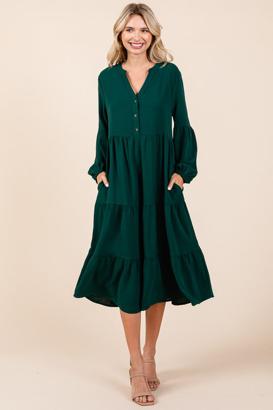 Natasha Tiered Buttoned Down Long Sleeve Midi Dress-Green