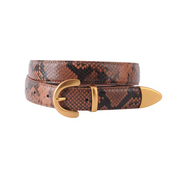 Brown snake skin belt with gold buckle on a white background