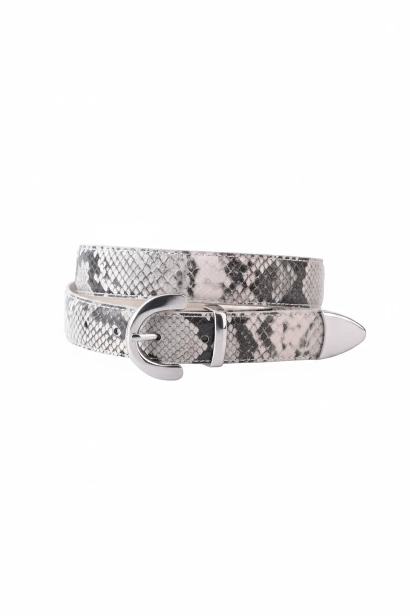 Embossed snake pattern belt with silver buckle on a white background