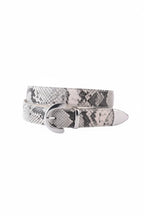 Embossed snake pattern belt with silver buckle on a white background