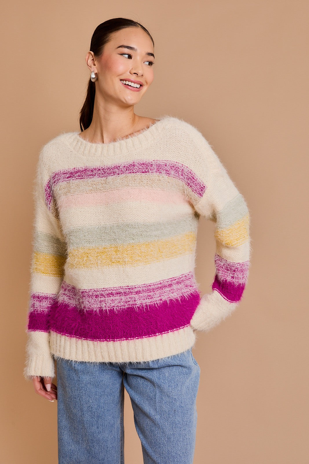 Long Sleeve Multi Stripe Sweater-Cream Multi