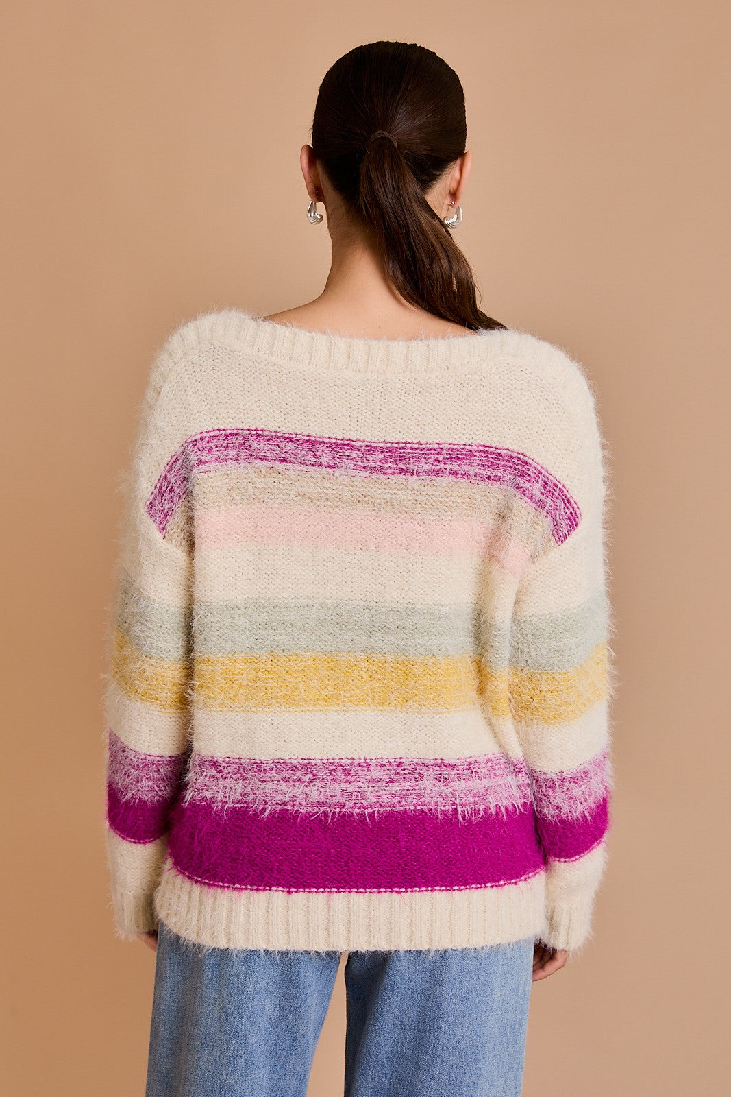 Long Sleeve Multi Stripe Sweater-Cream Multi