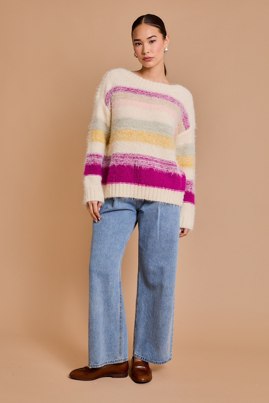 Long Sleeve Multi Stripe Sweater-Cream Multi